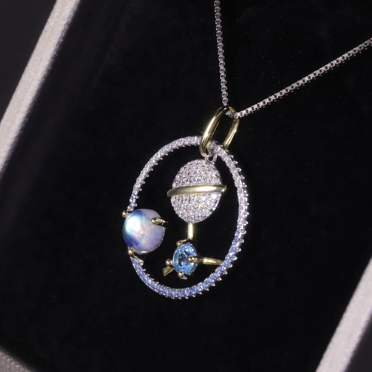 ArtistA C8122 Abiding Universe Element Star Moon 925 Sterling Silver Swiss Blue Topaz Milky Blue Moonstone Planet Pendant for Necklace