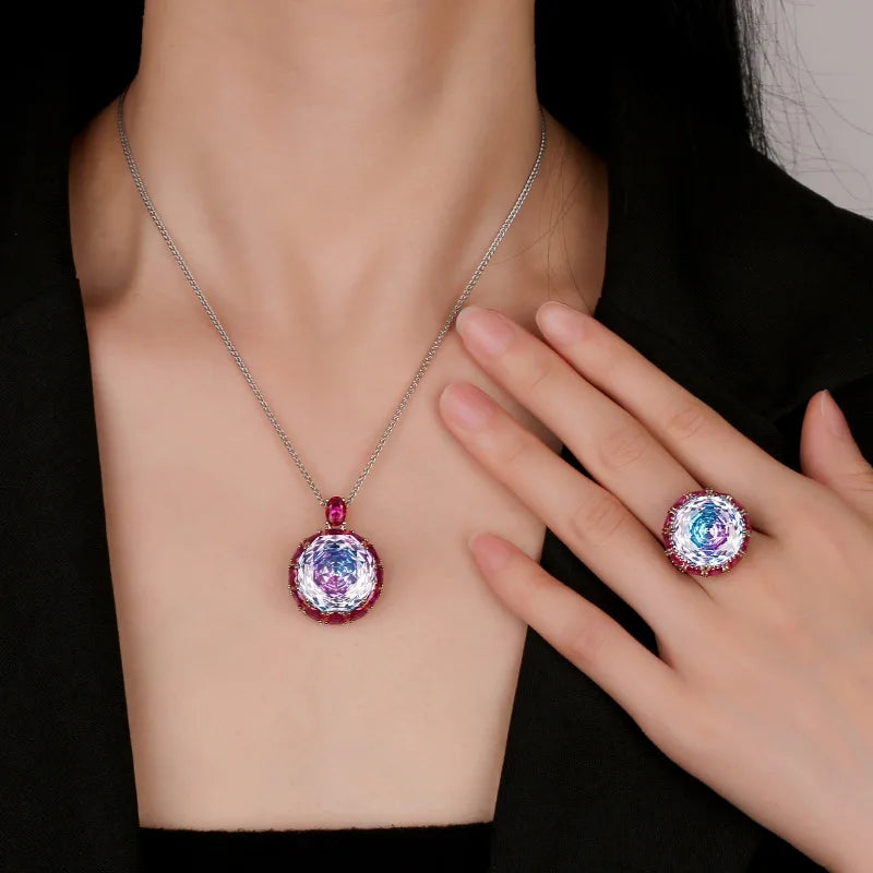 Gemfiori Elegant Colorful Zircon Luxury Jewelry Fashion Necklace Ring Accessories European Rose Pendant Ring Set