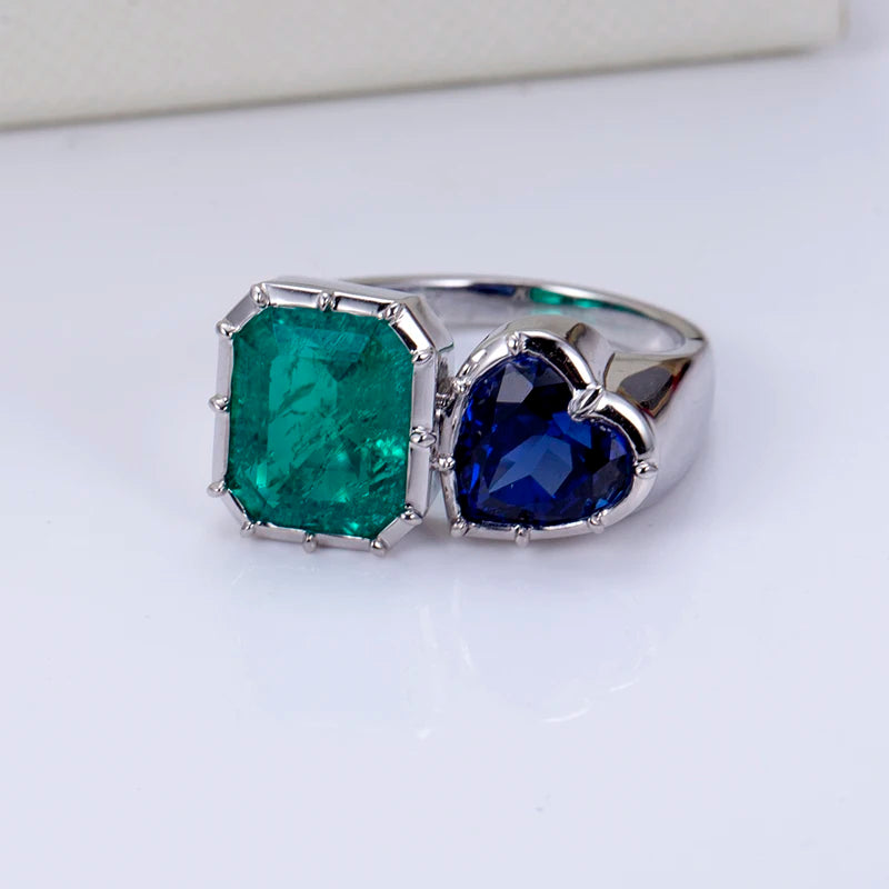 Messi Jewelry  MSR-1170 18K White Gold Lab Sapphire Lab Emerald Gemstone Custom Rings