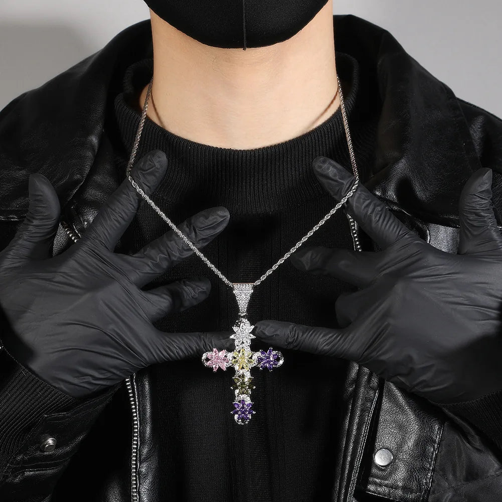 Luxury Multi-colored Zircon Large Cross Necklace 8.7cm Statement Cross Pendant Lariat Sweater Chain Hip-Hop Necklace