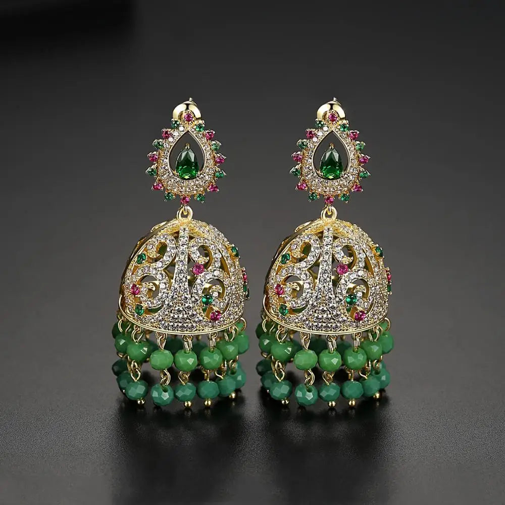 Vintage Gold Openwork Indian Jhumka Earrings Fashion Jewelry Women Party Wear Luxury Zirconia Teardrop Ear Stud Drop Earrings