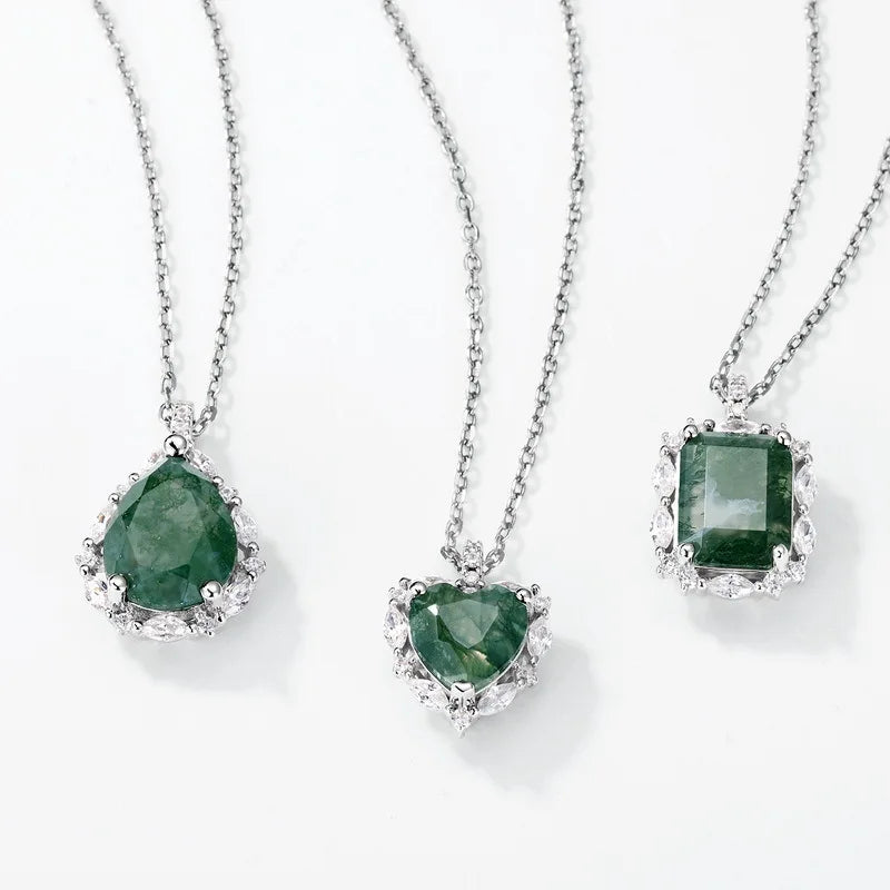 Factory Wholesale Rhinestone Inlaid Green Moss Heart Pendant Clavicle Chain S925 Sterling Silver Necklace for Women