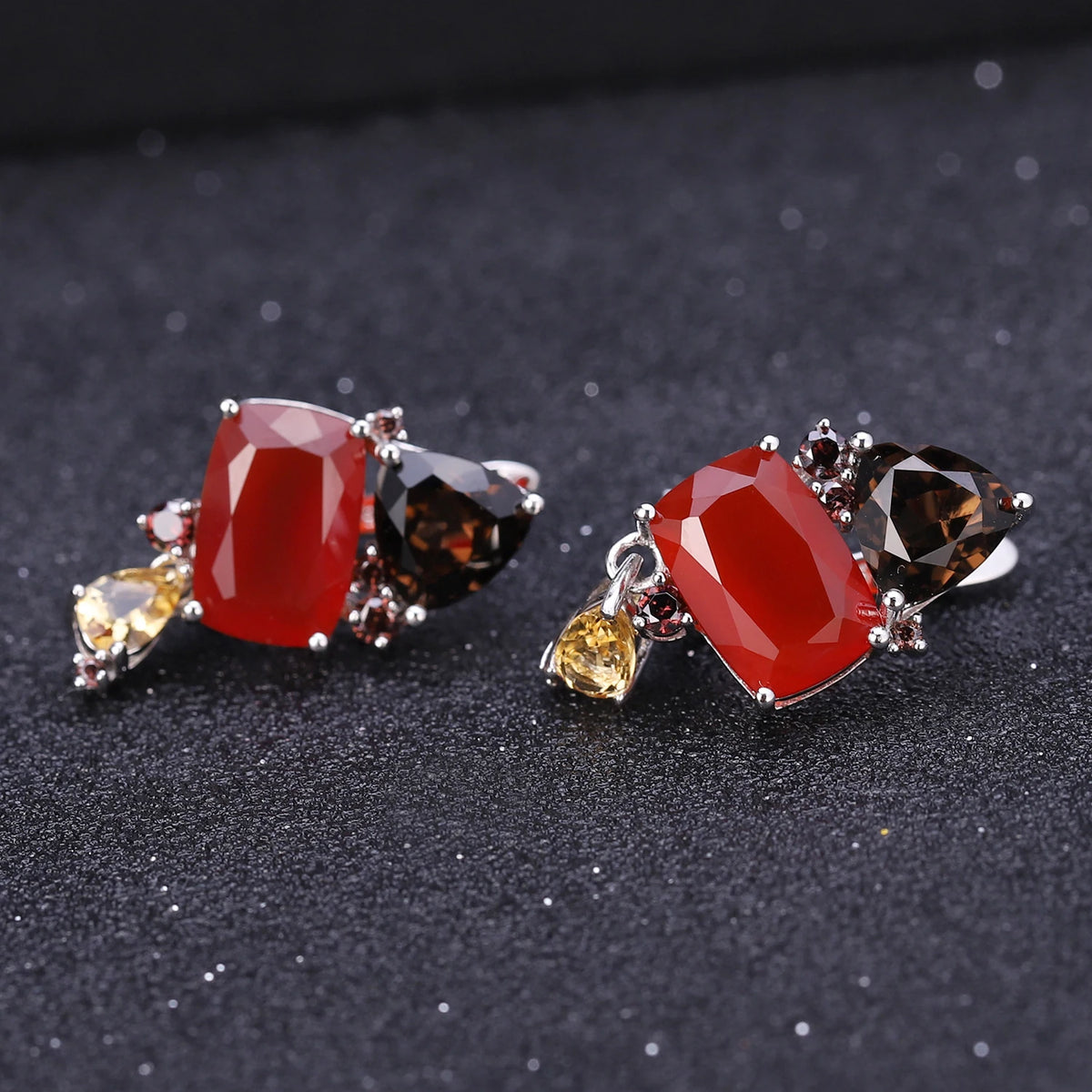 ArtistA C7644 Abiding Classic Beautiful Multiple Gemstone Natural Red Agate Smoky Quartz Citrine Cluster Setting 925 Silver Jewelry Set