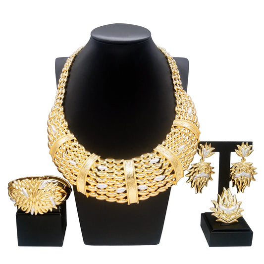 Zhuerrui 24k Gold Plated Latest Brazilian Jewelry Set Three Color Electroplating Custom Jewelry Big Necklace Jewellery H00577