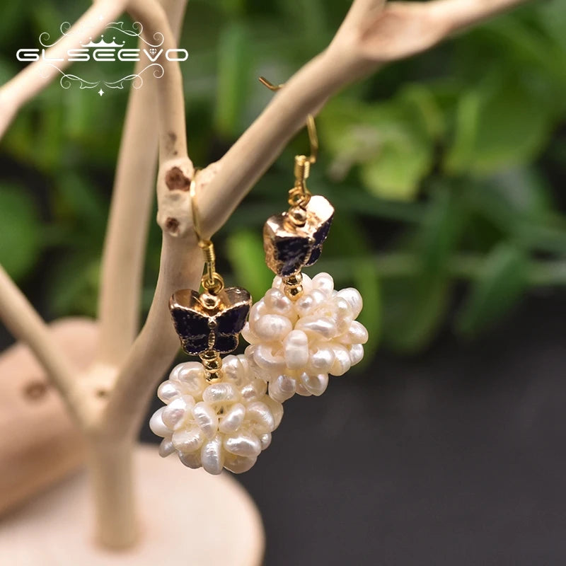 Natural Fresh Water Pearl Cloisonne Butterfly Romantic Drop Earrings Designer Spherical Charm Earrings for Women