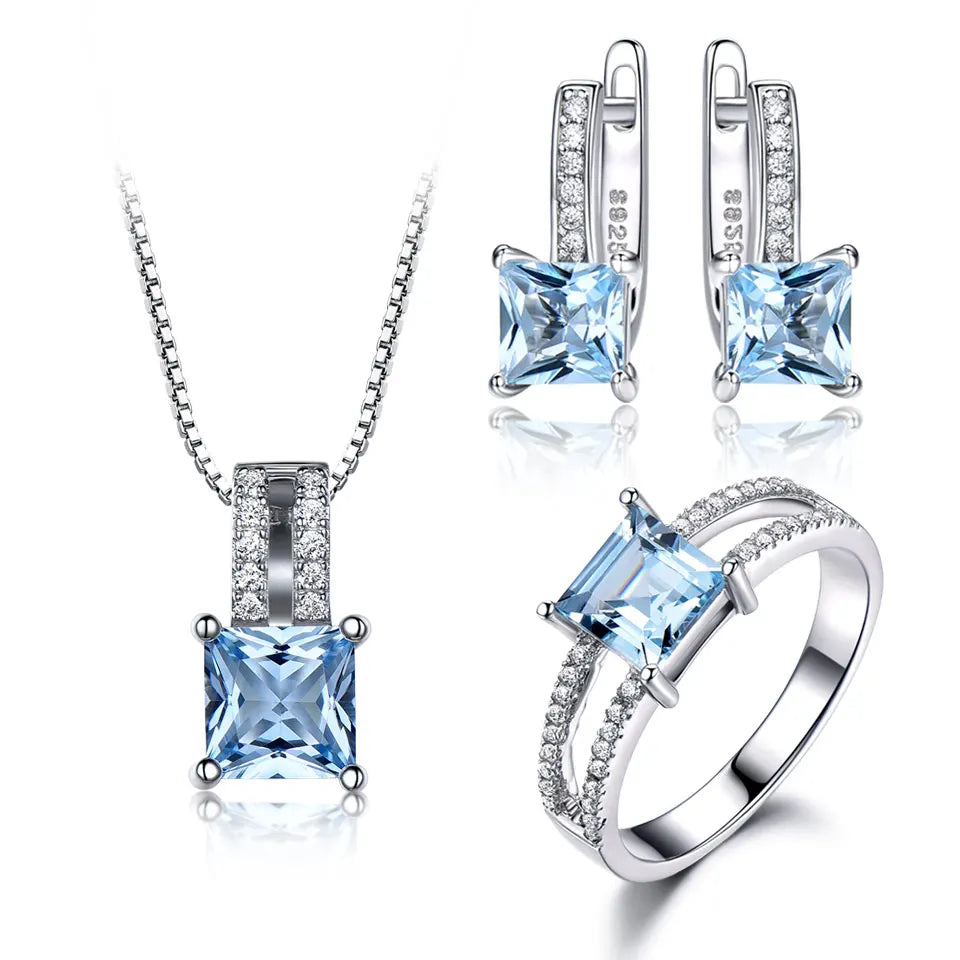 S&S Nano Sky Blue Topaz 925 Silver Jewellery Set | Ring, Pendant Necklace & Stud Earrings | S&S Collection
