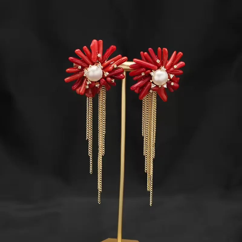 Red Coral Natural Pearls Fashion Accessories Set Fine Woman Ring Earrings Necklace Luxury Customized Jewelry Wedding