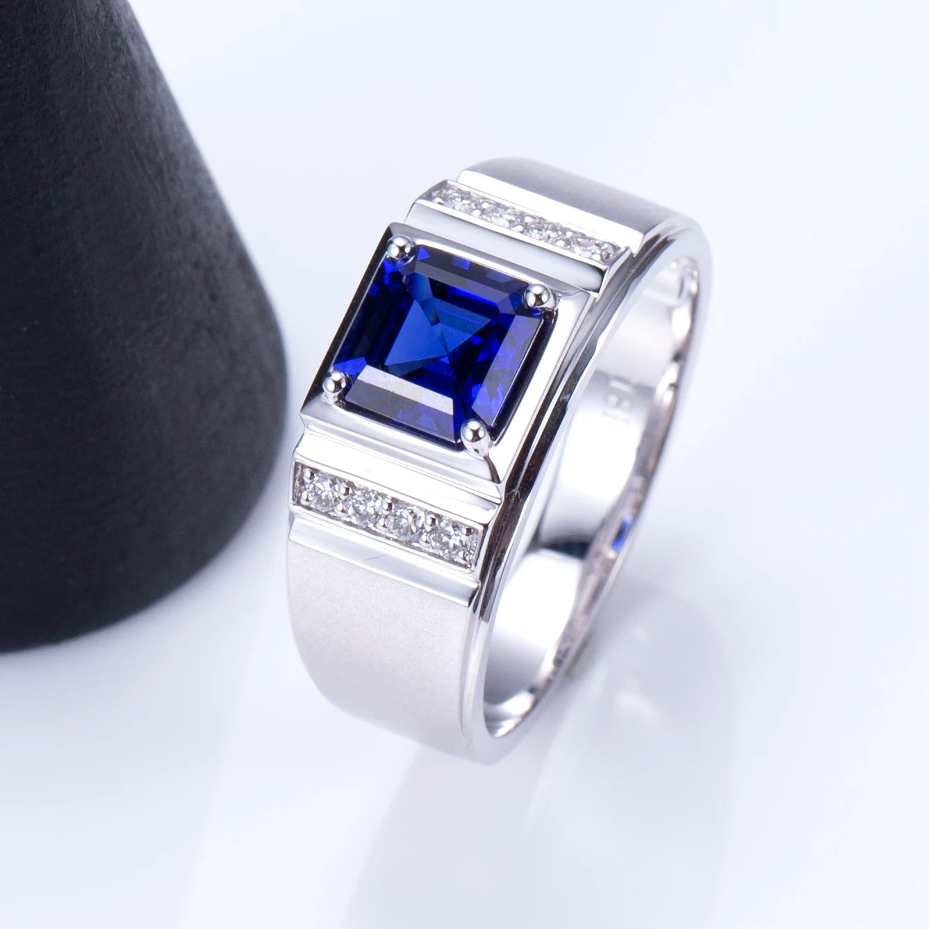 Messi Jewelry  MSR-1187 Custom 18K White Gold Asscher Lab Sapphire Gemstone Men Rings