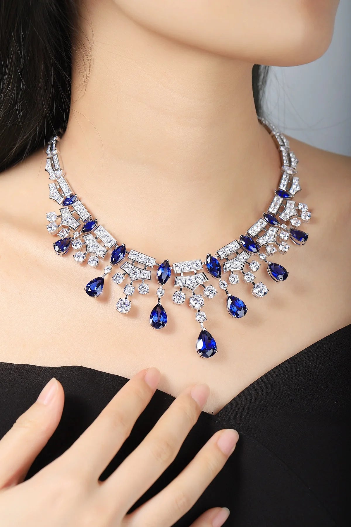 Gemfiori Anster Luxury Lab Grown Sapphire Necklace Pear Marquise Shape Gemstones Customized for Wedding Gift Party Engagement Anniversary