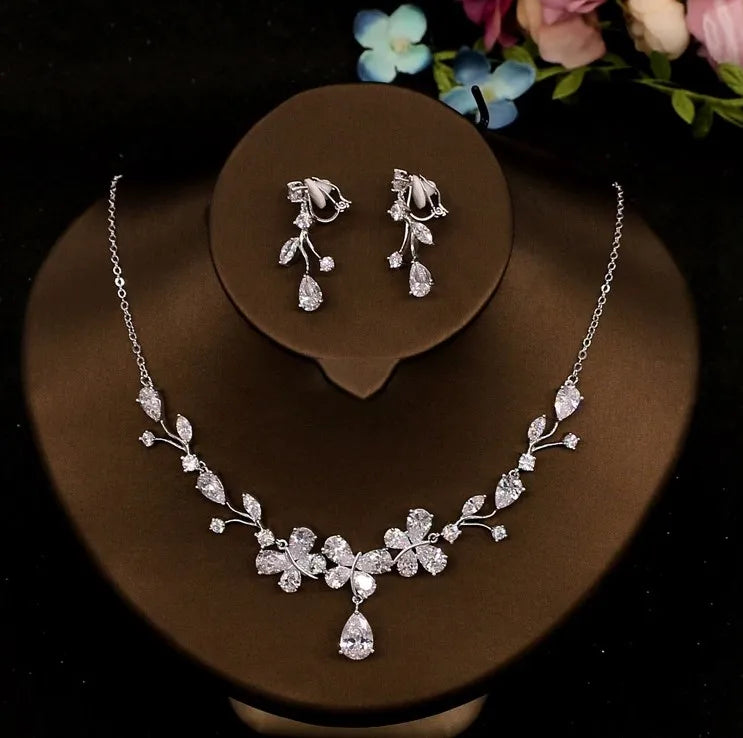 XM S310 Zircon Floral Branch Bridal Necklace & Drop Earrings Set