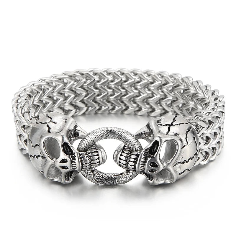 KALEN 235mm Punk Mens Stainless Steel Skull Herringbone Chain Link Bracelets