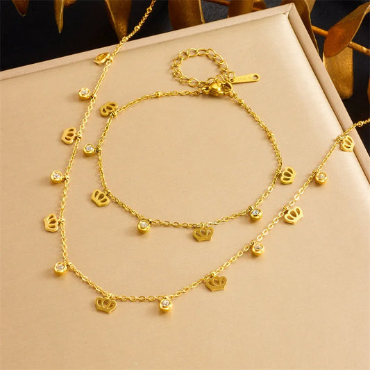 Gold Charm Necklace & Bracelet Jewellery Set | Crown, Flower, Lightning, Butterfly & Round