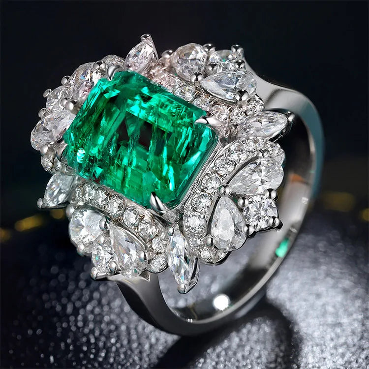 Gemfiori Custom 18K Gold Plated Rings US 4#-12# Jewelry Flower Shape Mian Stone Emerald Gemstone Diamond Gold Finger Ring for Women Gift