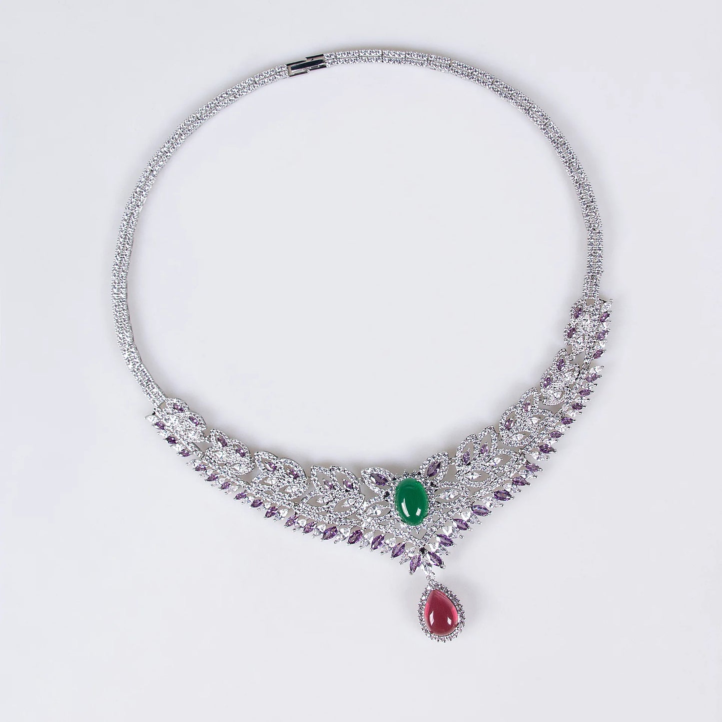 Luxury Oval-Cut Zirconia Nigerian & African Geometric Necklace & Earrings Bridal Set — Rhodium Plated