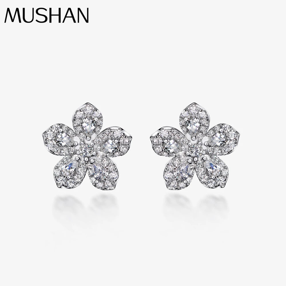 MUSHAN Jewelry Factory New S925 Water Drop 2*3 Earrings for Women Simple Korean Style Floral Zirconia Stud Earrings Cross Border