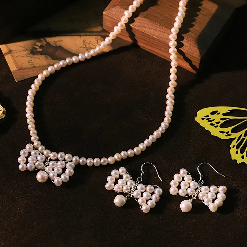 Natural Pearl Bowknot Sterling Silver Necklace Earrings Luxurious High-Quality Set for Banquet Wedding Women's Jewelry GS0228