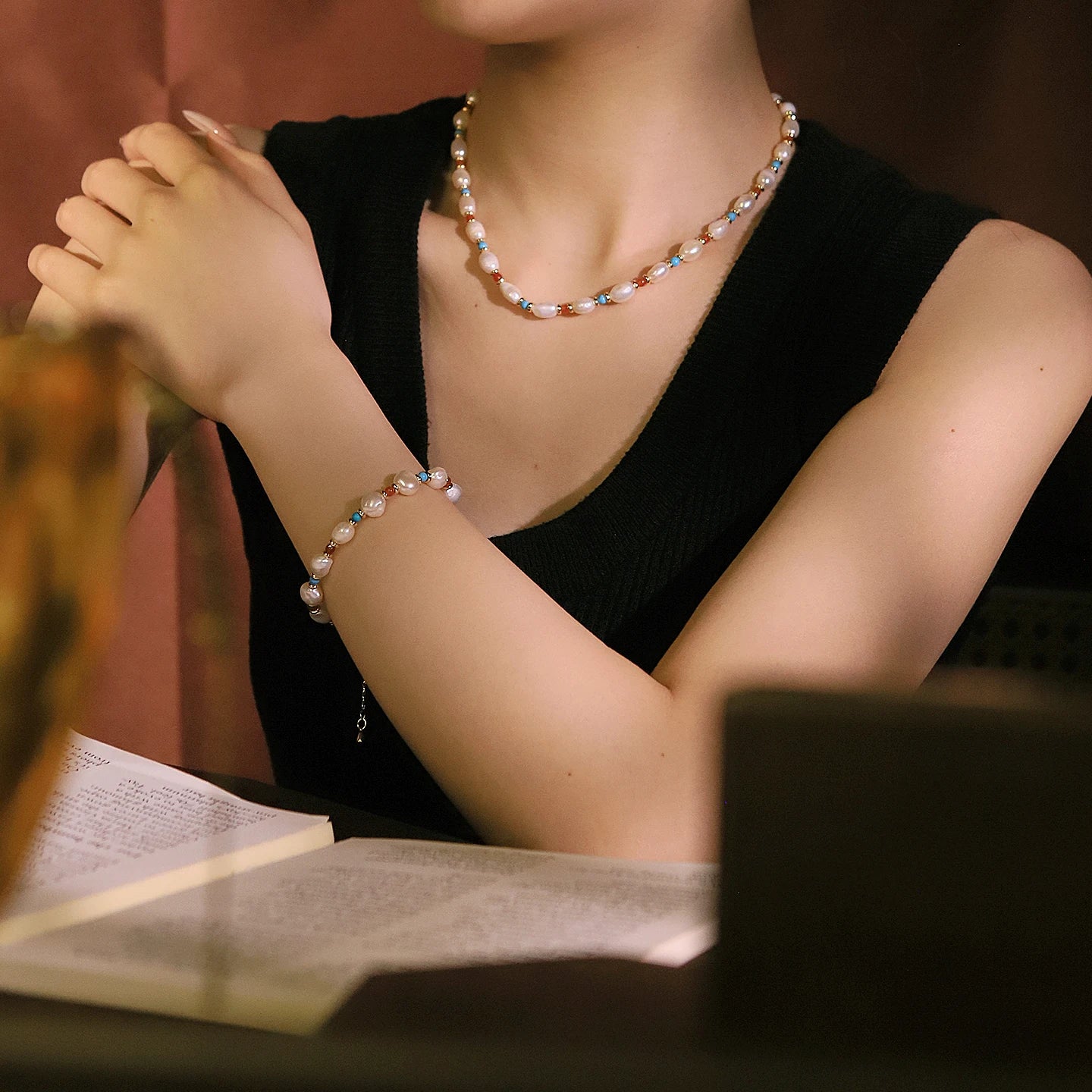 GS0272 Natural Freshwater Pearl, Turquoise & Agate Bohemian Jewellery Set for Women