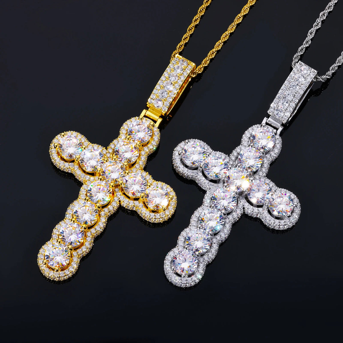 REBEL Luxury Christian Jewelry Hip Hop Cuban Link Chain Gold Plated AAAAA CZ Diamond Iced Out Halo Cross Pendant for Men Women