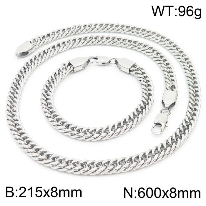 REBEL Hip-hop Stainless Steel Cuban 600mm Necklace and 215mm Bracelet Jewelry Set