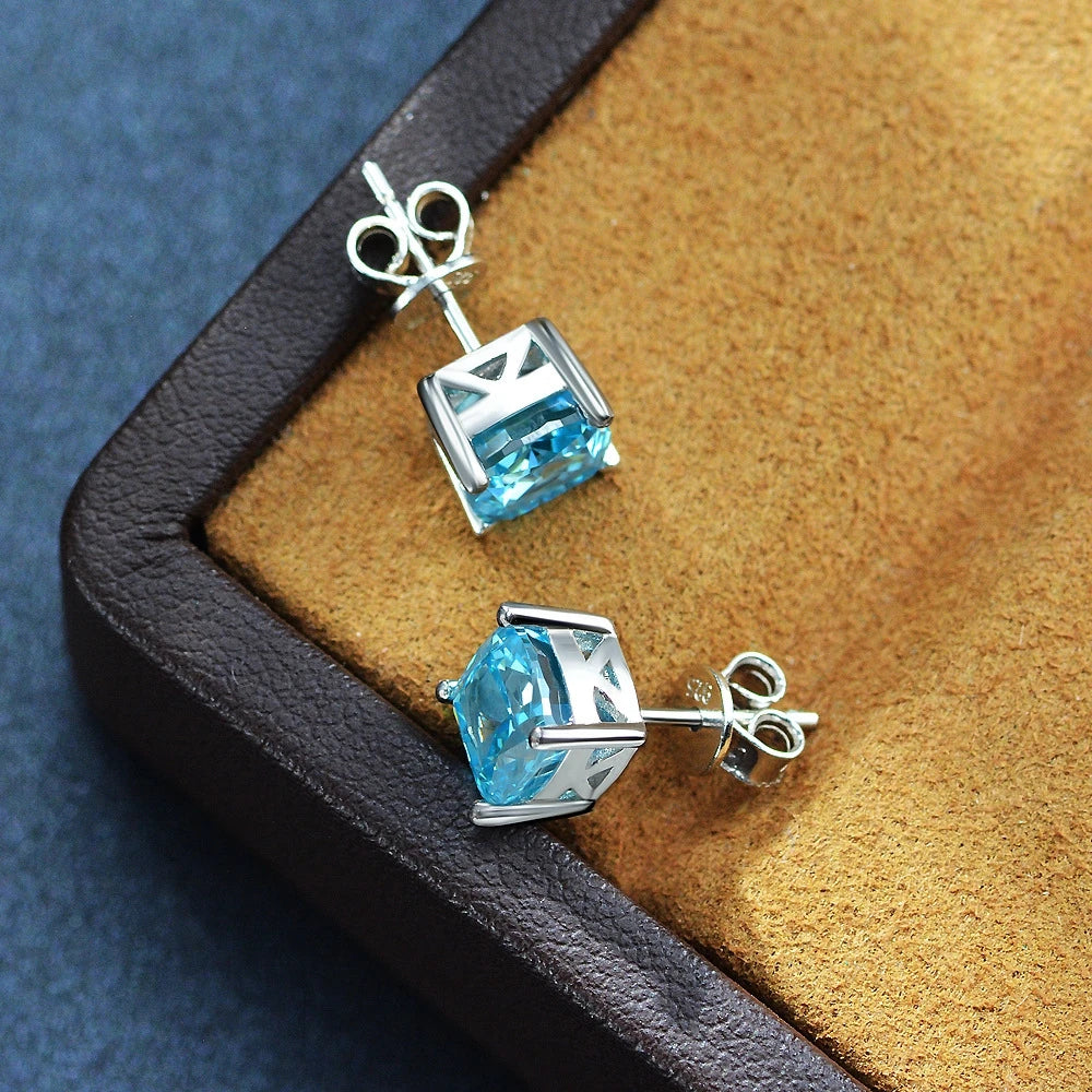 MUSHAN Jewelry Factory 925 Silver 1.5ct Sea Blue 7*7 High Carbon Diamond Stud Earrings Classic 18K Gold Plated Engagement