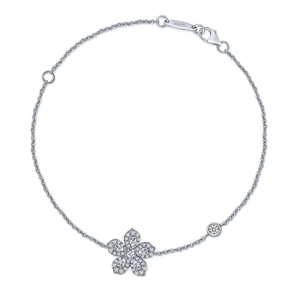 SILVERELLI 925 Silver Luxury Flower & Water Drop Zircon Strand Bracelet | Women's | 19cm