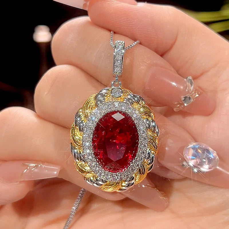 Gemfiori Fashionable Oval Red Blue Zircon Pendant Retro Wedding Bride Engagement Jewelry Set