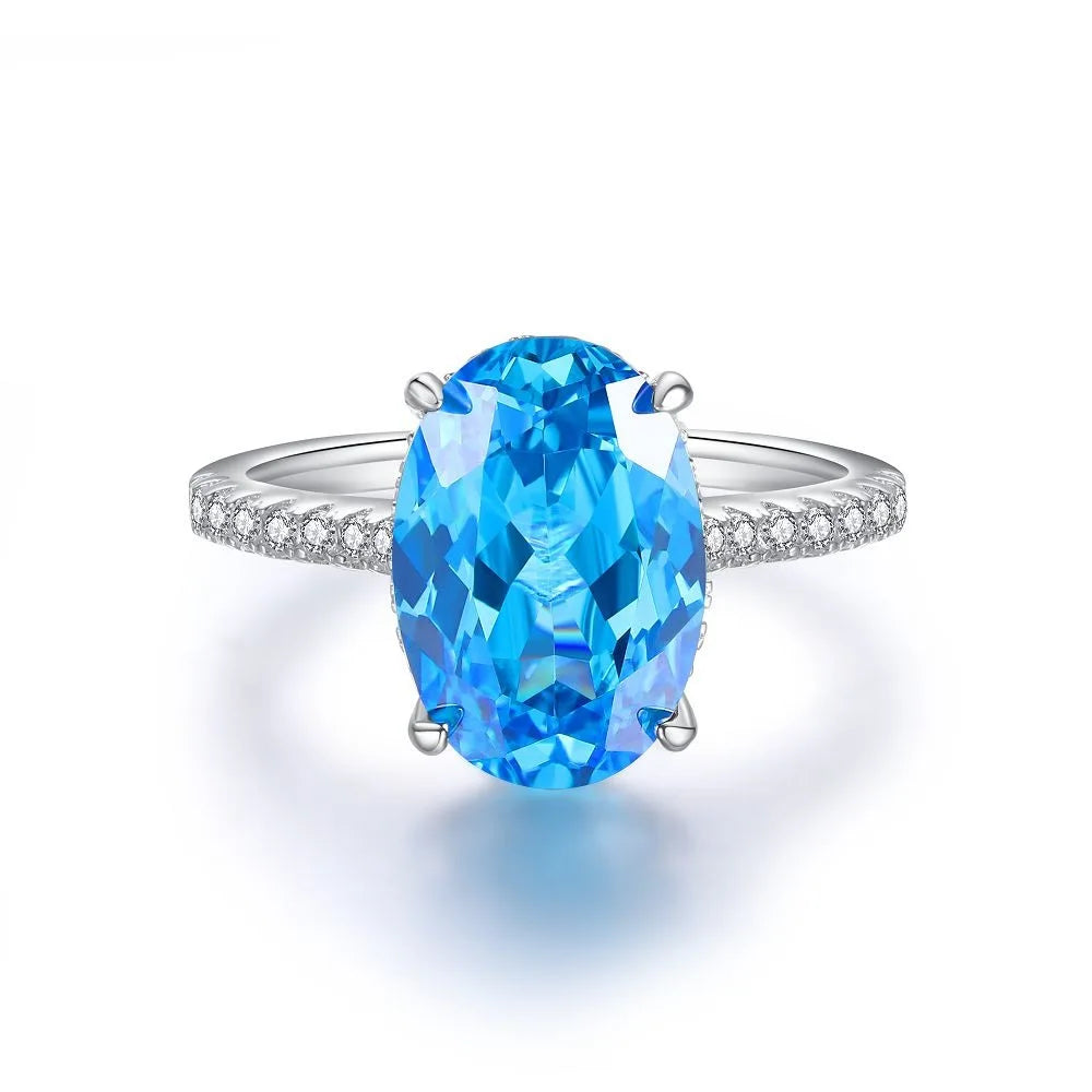 Waterproof Women 925 Sterling Silver Aquamarine 5A 8A Cubic Zirconia Ring Wedding Anniversary Rings Custom Jewelry Supplies