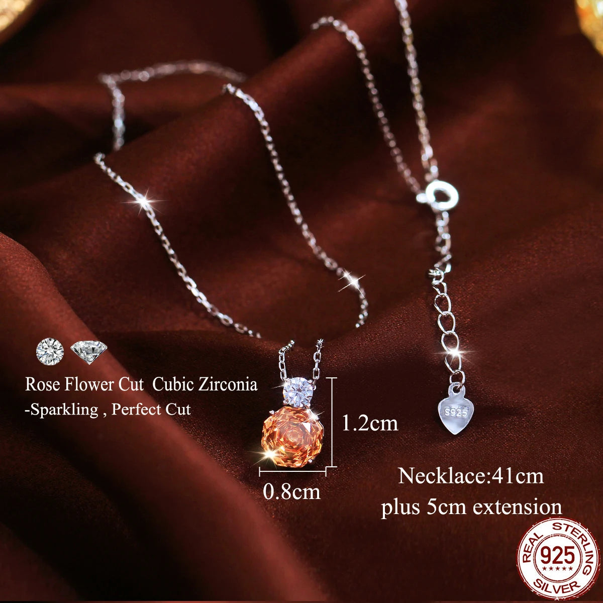 S&S 925 Sterling Silver Champagne Rose-Cut CZ Pendant Necklace – Rhodium Plated – Collection