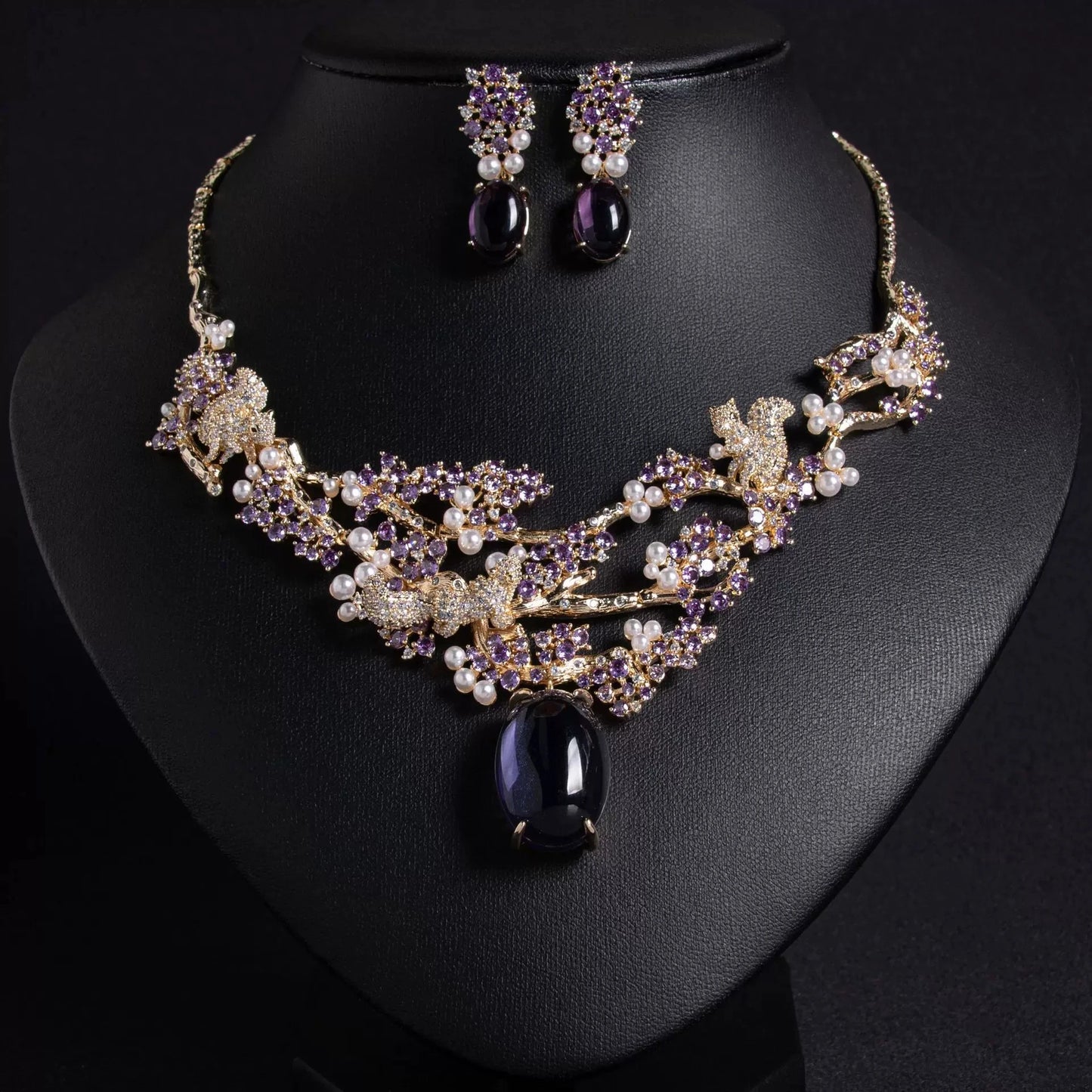 XM S300 Princess Cut Zircon & Pearl Floral Statement Necklace & Earrings Set