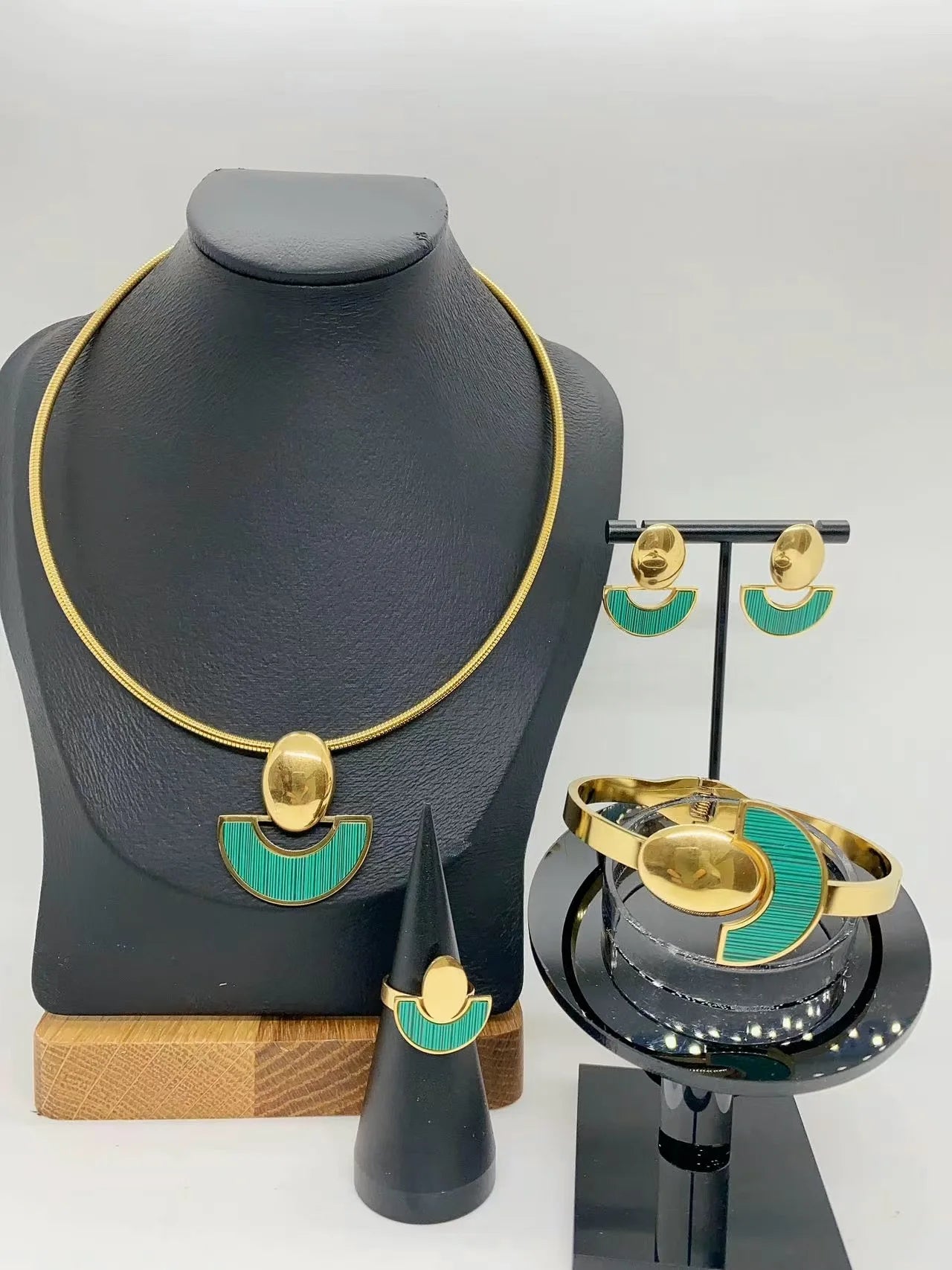 Pearl Choker & Enamel Oil Drop Earrings Jewellery Set | Half-Circle Stainless Steel Fashion Set
