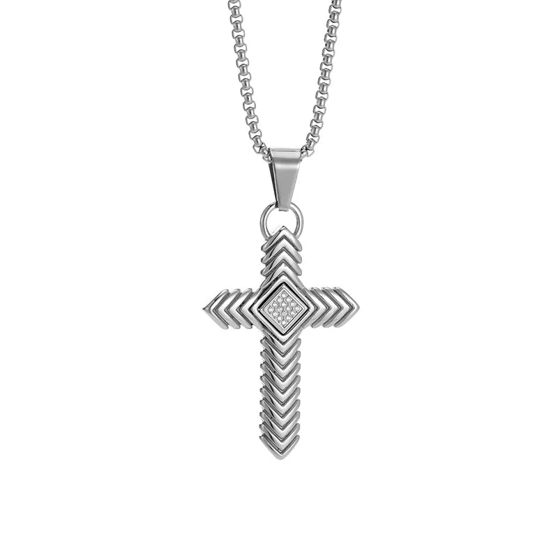 Wholesale Pvd Gold Black Silver Metal Color Plated Hip Hop 316 Stainless Steel with Bling Zircon Striped Cross Pendant Necklace