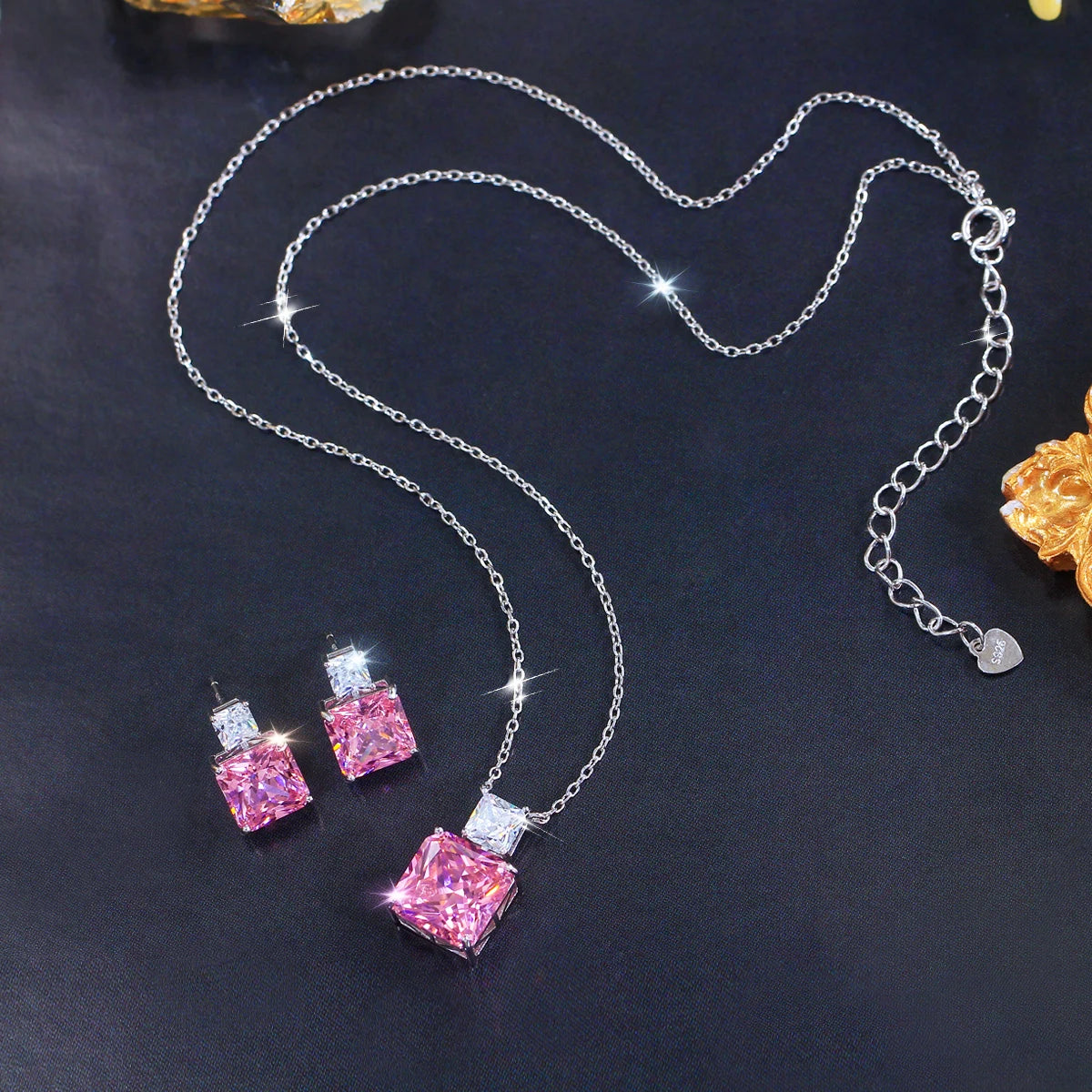 Elegant Fine Zirconia Jewelry Set 925 Sterling Silver Pink CZ Square Pendant Necklace Earrings Jewelry Set for Women Party Gifts