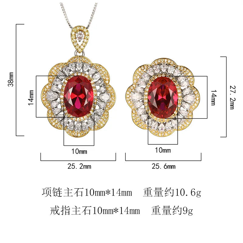 REDheart Brass Zircon Gold-Plated Wavy Open Ring Simulation Blue Pointed Crystal Niche Trendy Engagement Party Pendant Necklace Set