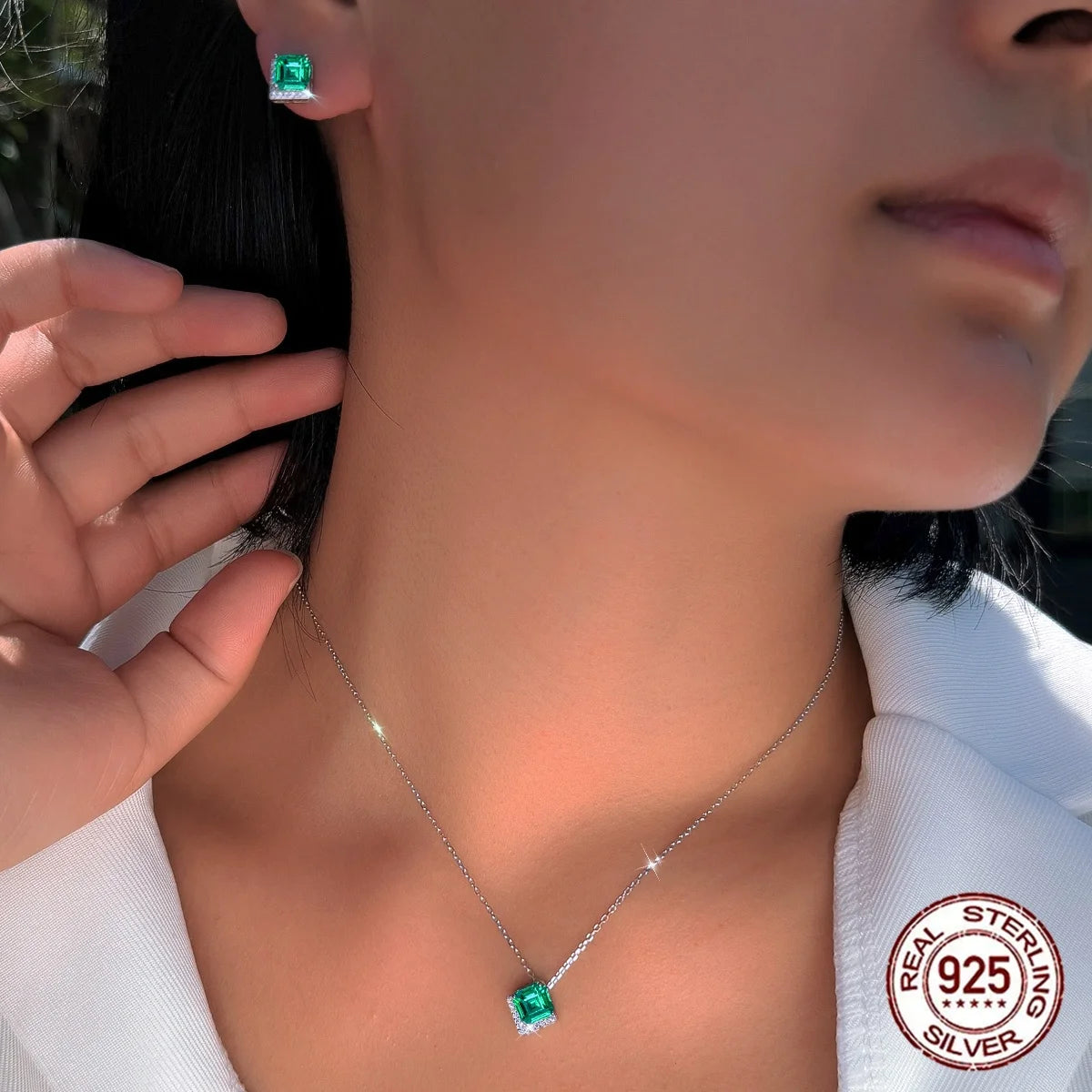 Princess Cut Emerald Green CZ Halo Necklace and Earrings 925 Sterling Silver Jewelry Set for Women Zirconia Bridal Jewelry Gifts