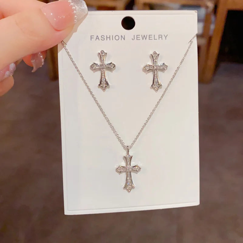 Wholesale Fashion Exquisite Cross Necklace and Earrings Set with Zircon Luxury Real Gold Plated Jewelry Set for Women