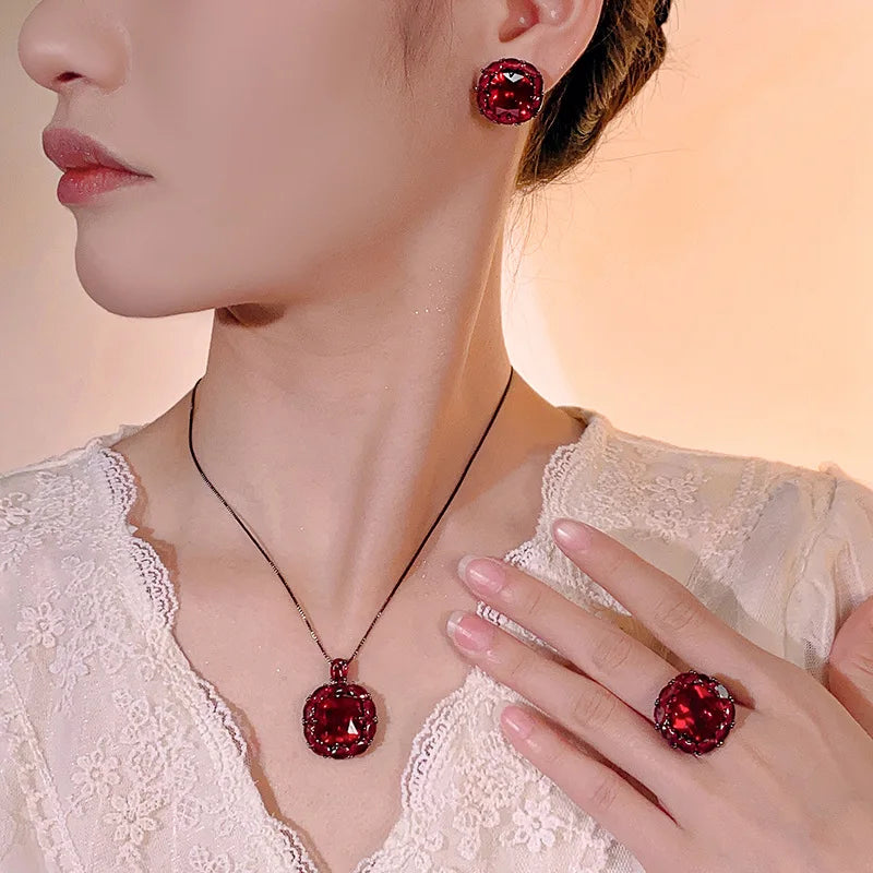 REDheart Electroplated Black Inlaid Pearl Flower Design Women's Trendy Activity Ring Simulation Square Texture Necklace Pendant Set