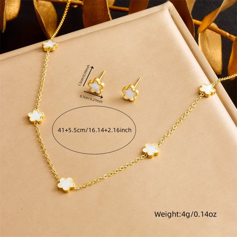 Gold White Flower Necklace, Earrings & Bracelet Jewellery Set | Feminine Fashion Set