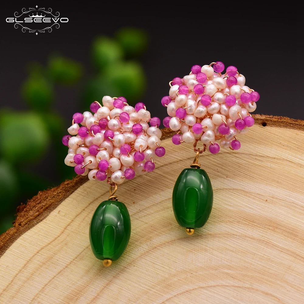 Natural Freshwater Pearl Green Agate Drop Earrings for Women White Pink Beads 925 Sterling Silver Flower Earrings Jewelry