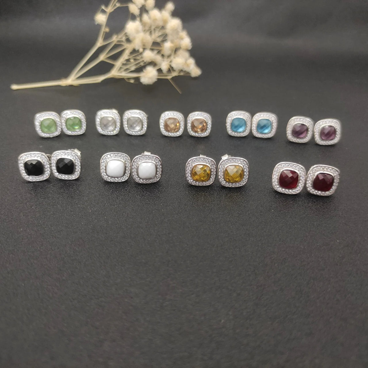 DY High-Quality Silver-Plated 7mm Square Diamond Stud Earrings. Gold-Plated 7mm Colored Gemstone Stud Earrings.Wholesale Jewelry