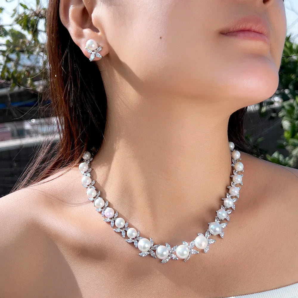 Dazzling Cubic Zirconia Stone Necklace and Earrings Big Imitation Pearl Jewelry Set for Women Wedding Bridal Dress Accessories