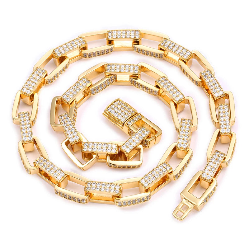 Fashion Design Copper Men 11mm High Quality Gold Plated Zirconia Cuboid Cuban Link Chain Wholesale Jewelry