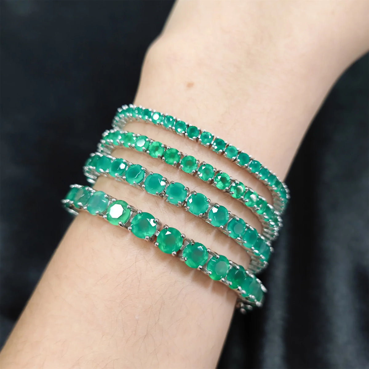 Gemfiori Abiding Custom Round 3mm 4mm 5mm 6mm Natural Green Agate Gemstone Chrysoprase Rhodium Plated 925 Silver Tennis Bracelet