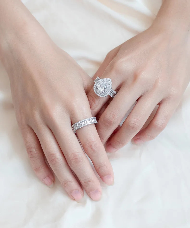 MuShan Jewelry Factory New Micro Inlaid Diamond Water Drop Pair Ring S925 Pure Silver Zircon Ring for Women Fashion Set