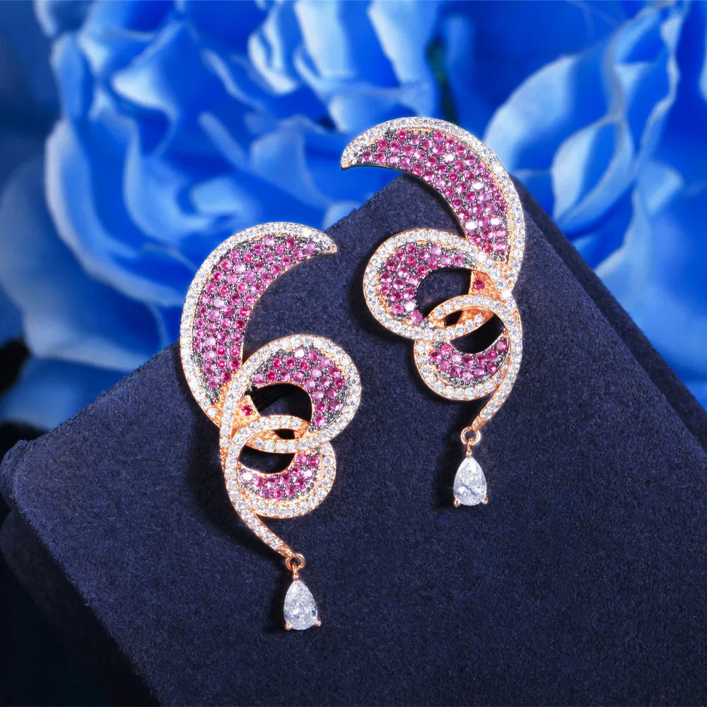 S&S Red CZ Geometric Waterdrop Dangle Drop Earrings – 18K Gold Plated – Collection