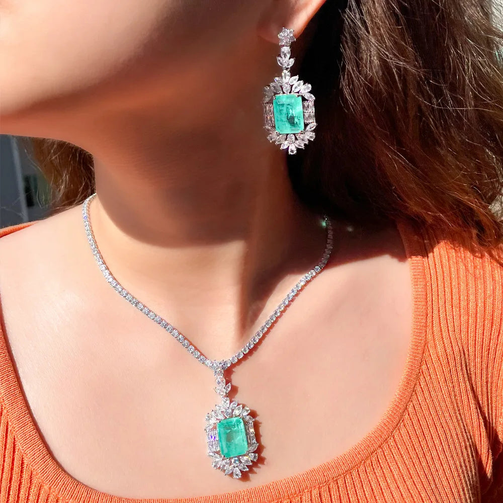 Women Quality Big Chic Yellow Cubic Zirconia Stone Wedding Tennis Necklace and Drop Earrings for Bridal Jewelry Set Accessories