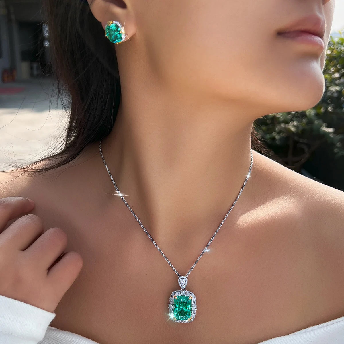 Big Green CZ Rhodium Plated Jewelry Set Princess Cut Cubic Zircon Pendant Necklace Stud Earrings Jewelry Set for Brides Wedding