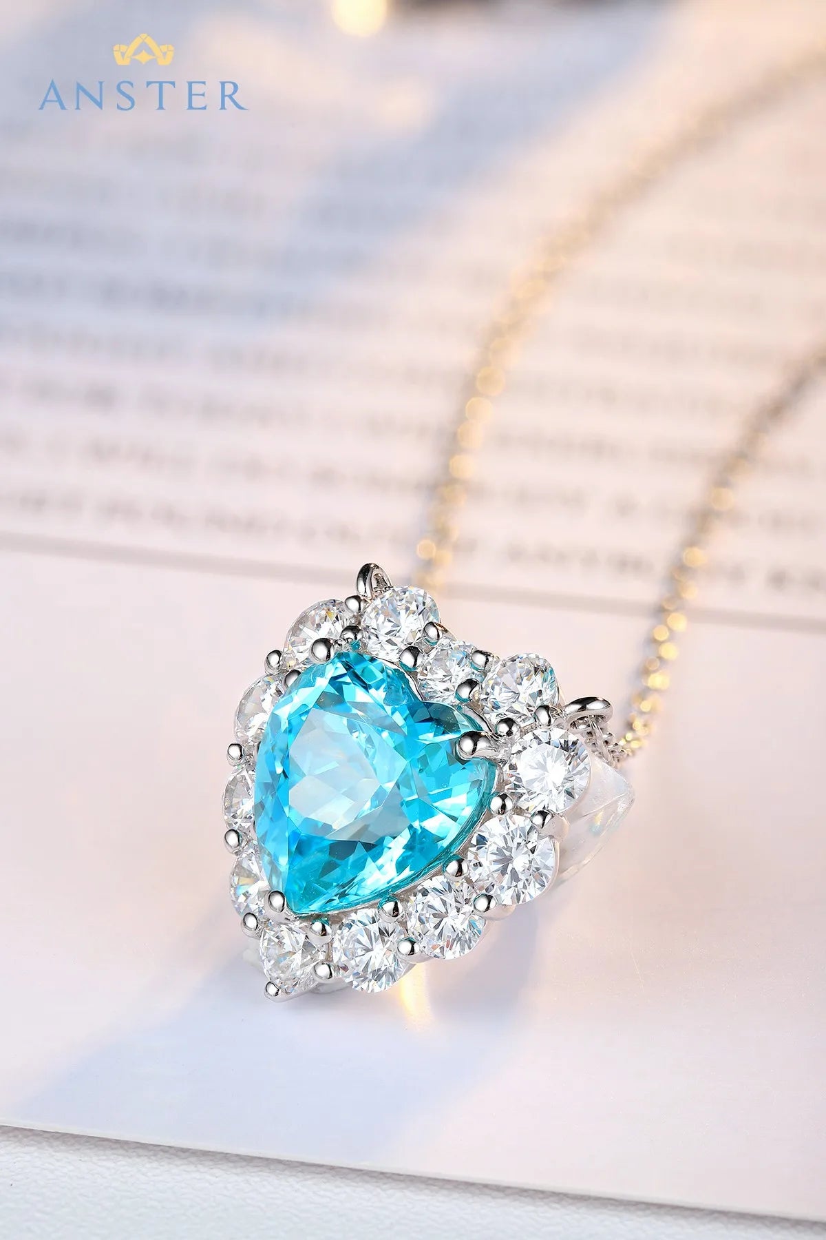 Gemfiori ANSTER Lab Grown Heart Cut Paraiba Necklace for Women 925 Sterling Silver Link Chain Pendant Necklace for Gift Party Anniversary