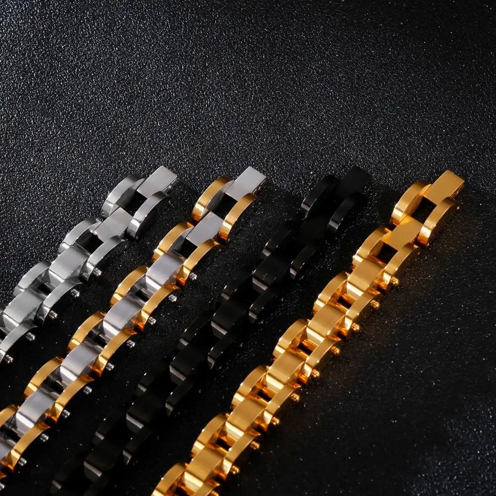 KALEN Stainless Steel Gold Plated Bike Chain Bracelets for Men
