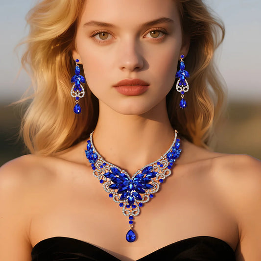 Crystal Stacked Butterfly Necklace & Earrings Jewellery Set | 10 Colours Geometric Glam Fashion Set