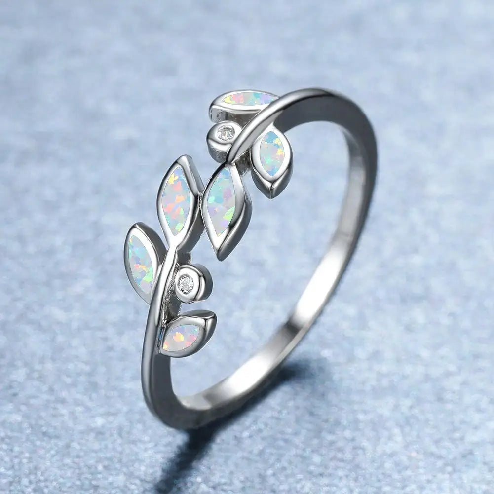 Flower-Shaped Blue Opal Twisted Tiny Ring | Iridescent Gem Inlay Band | Modern Silver/Gold Plated Women's Trendy Fashion Jewelry